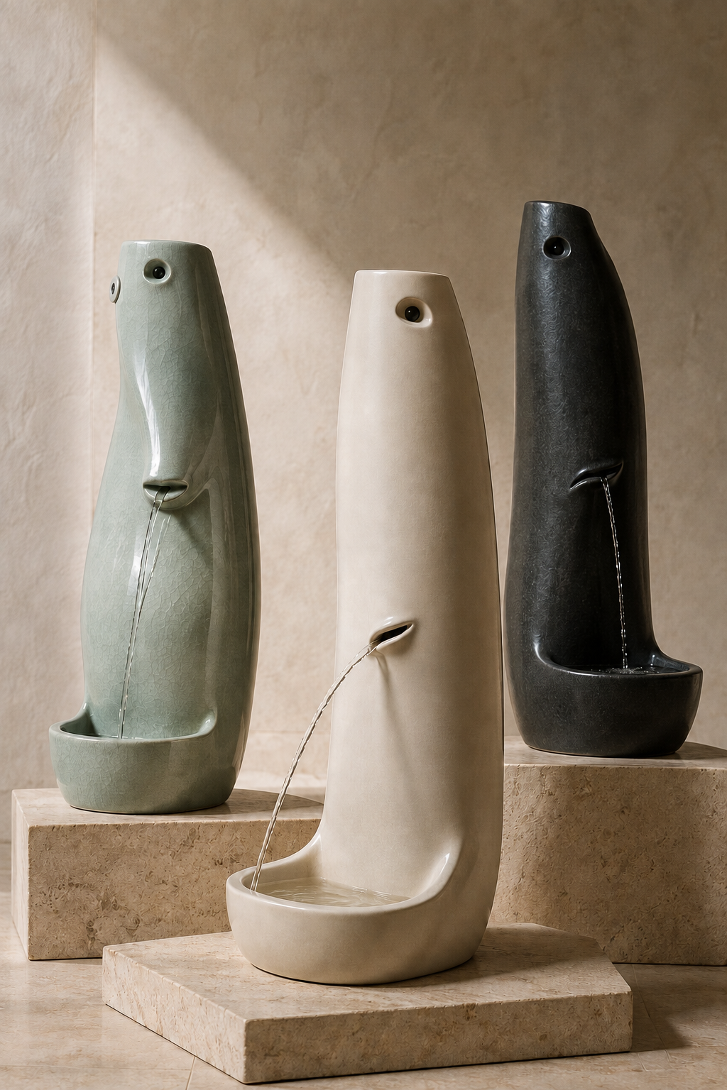 Concept visualization of three sculptural ceramic Rill vessels with slender water streams