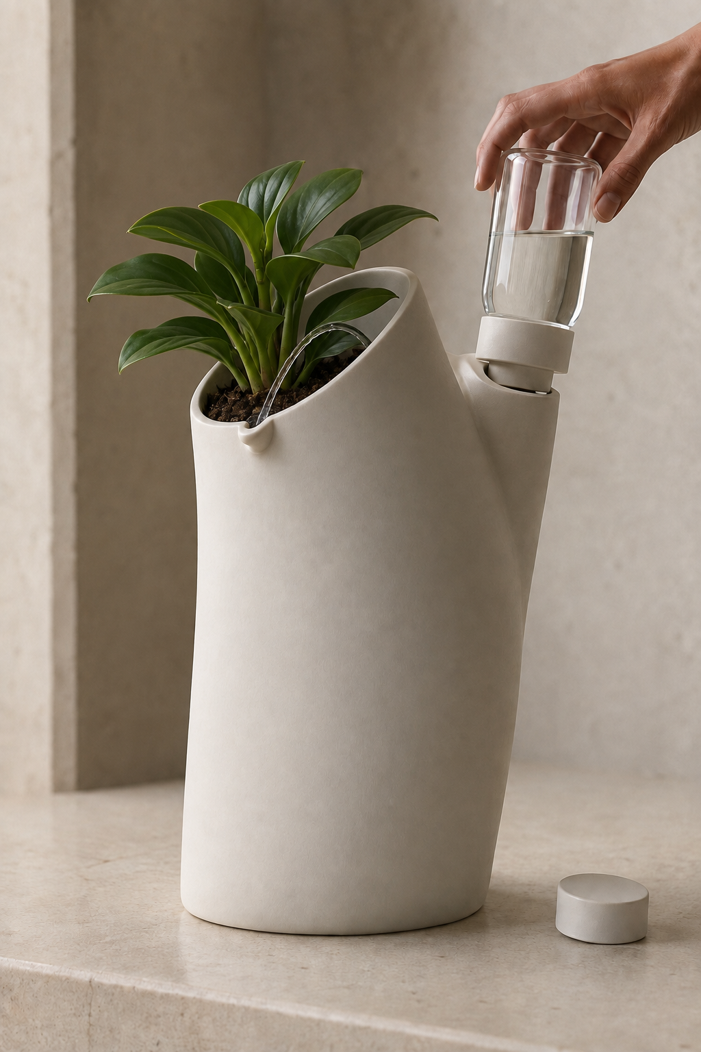 Concept visualization of a hand seating a glass filling vessel into a ceramic planter as water reaches the plant